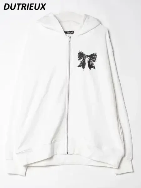 

2025 Spring and Autumn Sweet Cool Girls Mid-length Zip Up Hoodie Harajuku Subculture Mine Bow Printed Sweatshirt Jacket