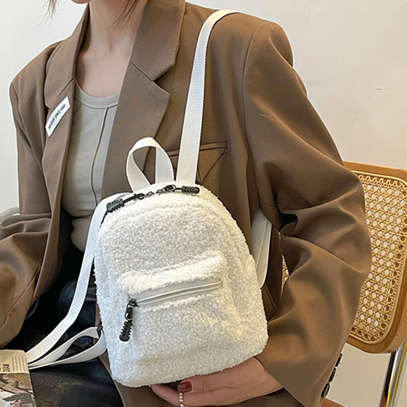 Casual Plush Women Small Backpack Simple Solid Color Female Autumn Winter Mini Fashion Children School Bags Shoulder Handbags