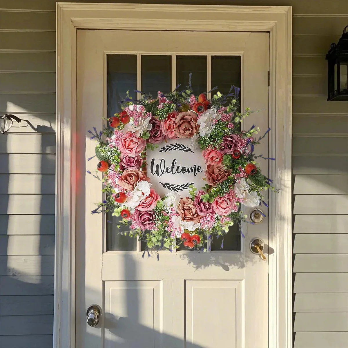 

Spring Summer Wreath for Front Door, 17.7 Inch Artificial Berries and Colorful Flower Wreath with Welcome Sign, Spring