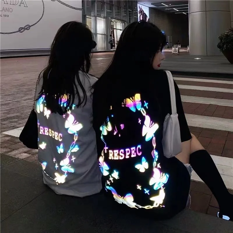 Korean Reflective Printed Short Sleeved Women T Shirt 2024 New Summer Versatile Loose Cotton Top High Street Eye Catching Shirt