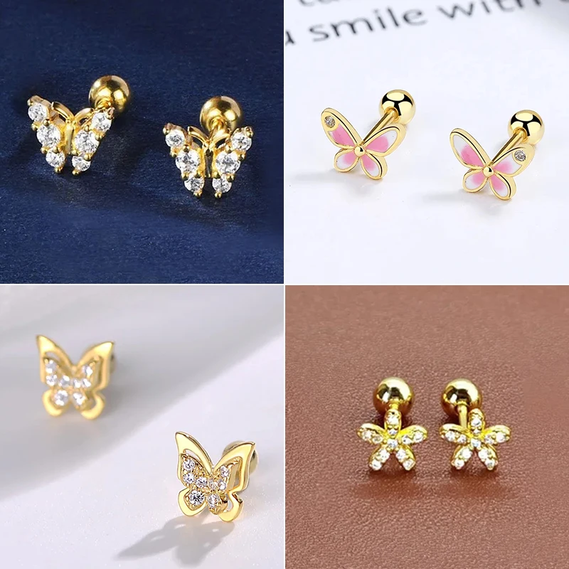 Exquisite Trendy Golden Crystal Zircon Butterfly Tragus Stud Earrings for Women Romantic Wedding Party Jewelry Gift