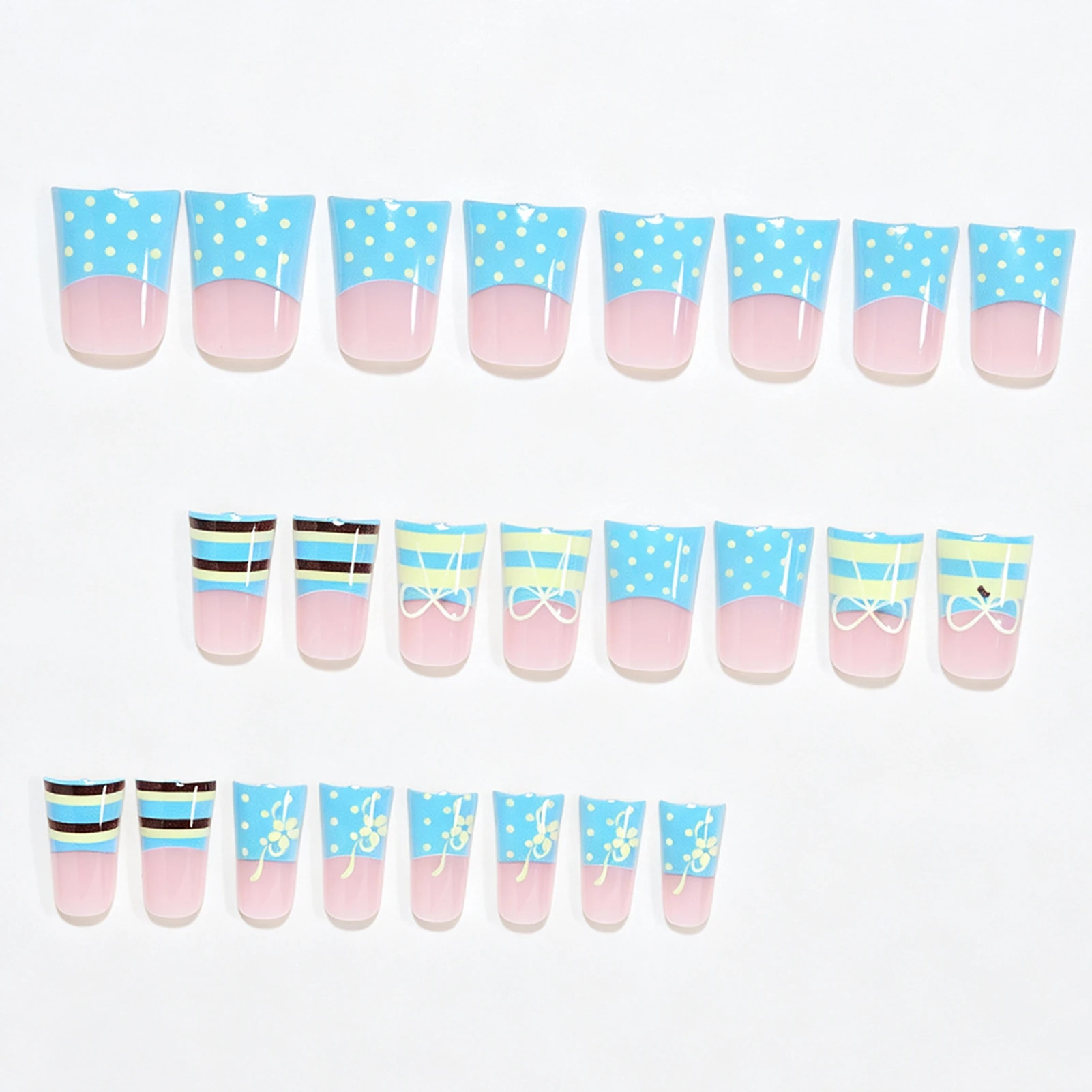 24 Stück koreanische Dopamin-Press-On-Nägel, gelb-blaue Streifen, Polka-Dot-French-Style, künstliche Nägel mit Schleifenmuster, Entenschnabel-Form, Kunstnägel – Detail 5