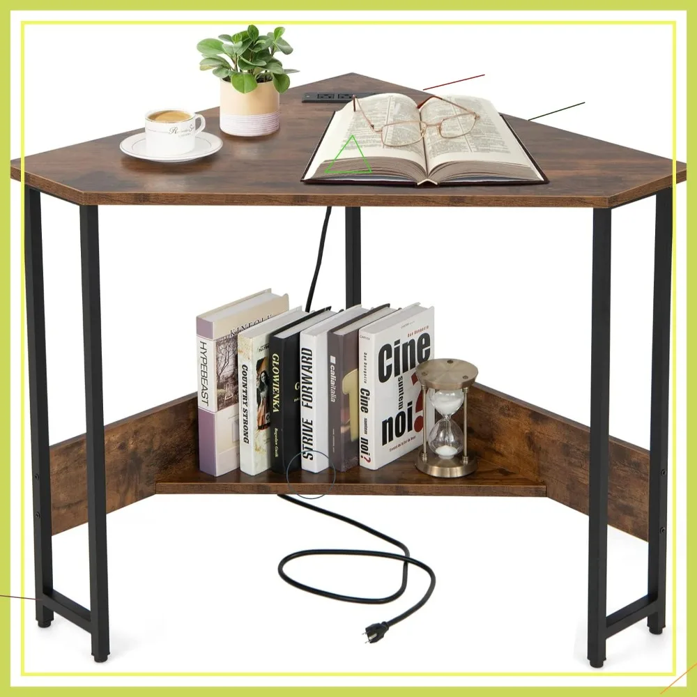 

Угловой компьютерный стол с USB-портами, розеткой и полкой для хранения для небольшого домашнего офиса, цвет: рустик-коричневый