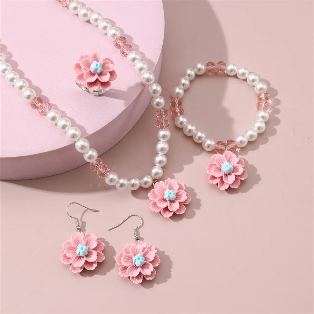 New European and American Light Luxury Niche Design Sweet Imitation Pearl Flower Pendant Children\'s Necklace Four-piece Set