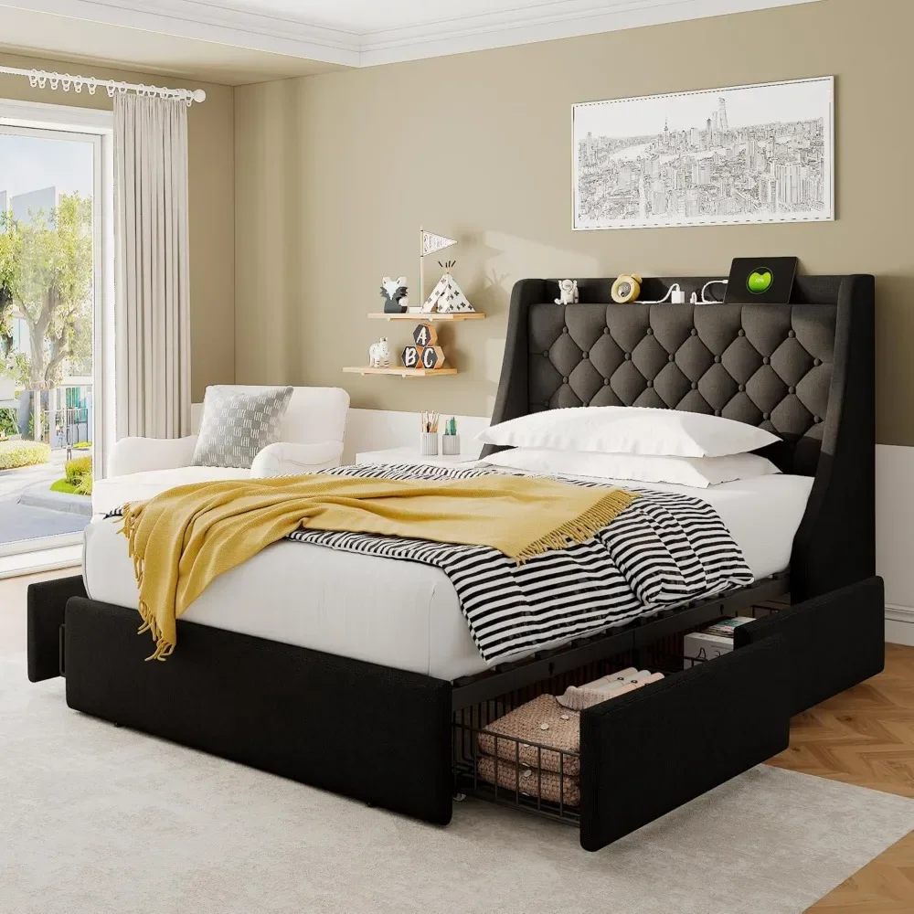 Twin Bed Frame with 4 Storage Drawers,Upholstered Platform Bed Frame with Type-C & USB Ports,No Box Spring Needed,Dark Gray