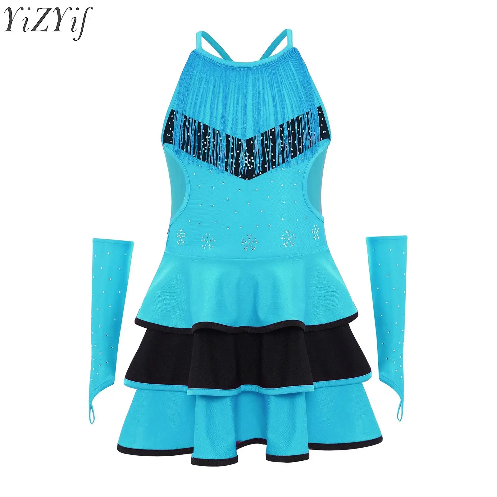 

Kids Girls Latin Dance Dress Tango Salsa Ballerina Costume Ballet Lyrical Dancewear Rhinestones Tassels Dress with Gloves Sets
