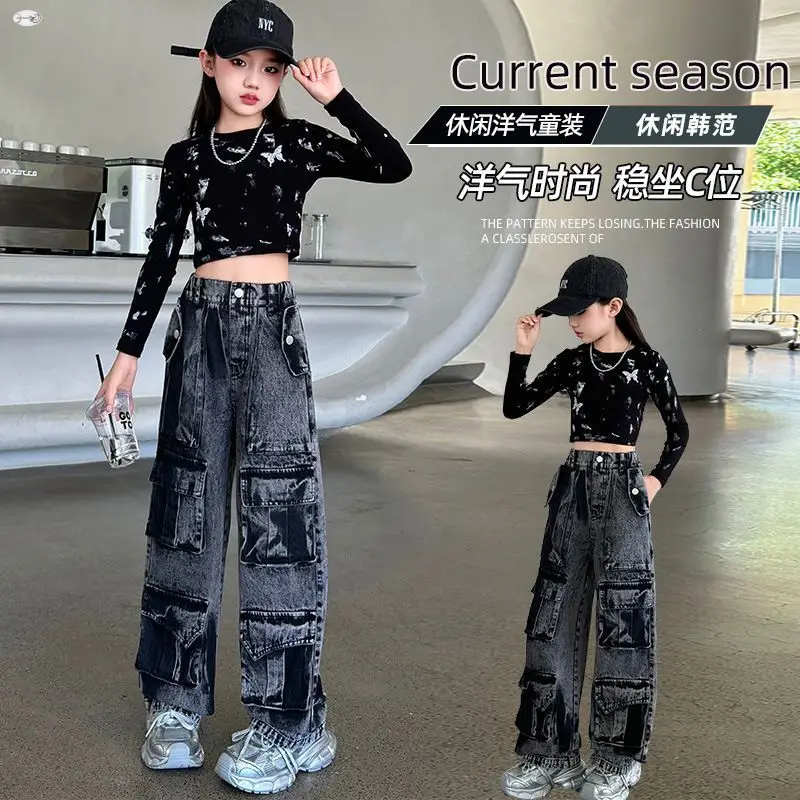 

Girls Wide Leg Pants Gradient Cargo Jeans Spring Autumn Fashion with Large Pockets Casual Teen Trousers Kids Clothing