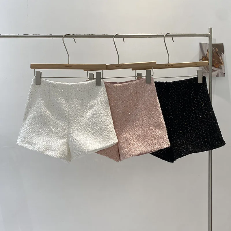 Elegant Winter High Waist Wide Leg Pants Women's Fashion Short Pants Tweed Material Slimming Effect Commute Style Casual Trou...