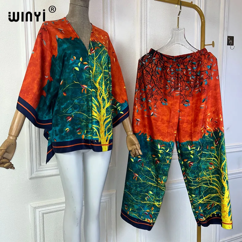 WINYI Elegant Woman fashion Print Suits 2021 Spring Ladies holiday Suits Ladies Vocation Beach Loose Blouse Set Female Pants