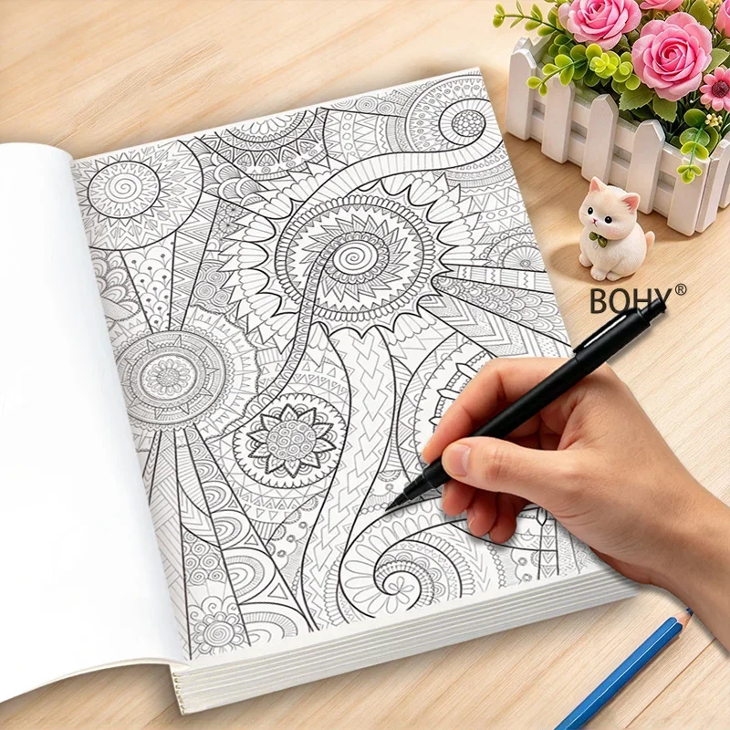 1 Adult Decompression Coloring Line Tracking Drawing Book, Include Desert Scenery/mandala and Other Theme Line Drafts, 24 Pages