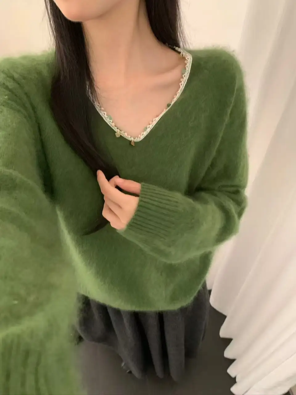 

e Woolen Knitted Sweater V-Ne Lace Trim Fuzzy Autumn Winter Women's Faion Soft Warm Pure Color Casual Wear