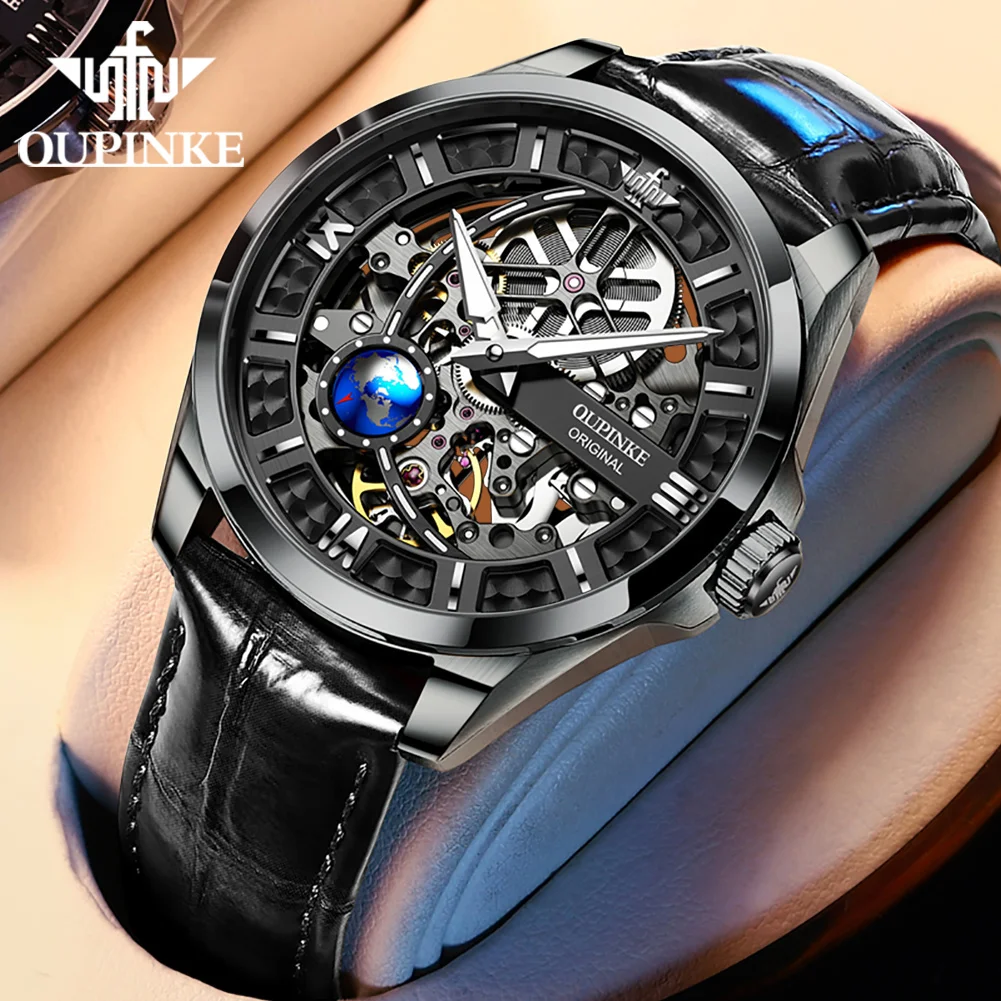 OUPINKE 3268 Automatic Mechanical Men's Watch Waterproof Leather Strap 3D Rotating Earth Men's Wristwatch