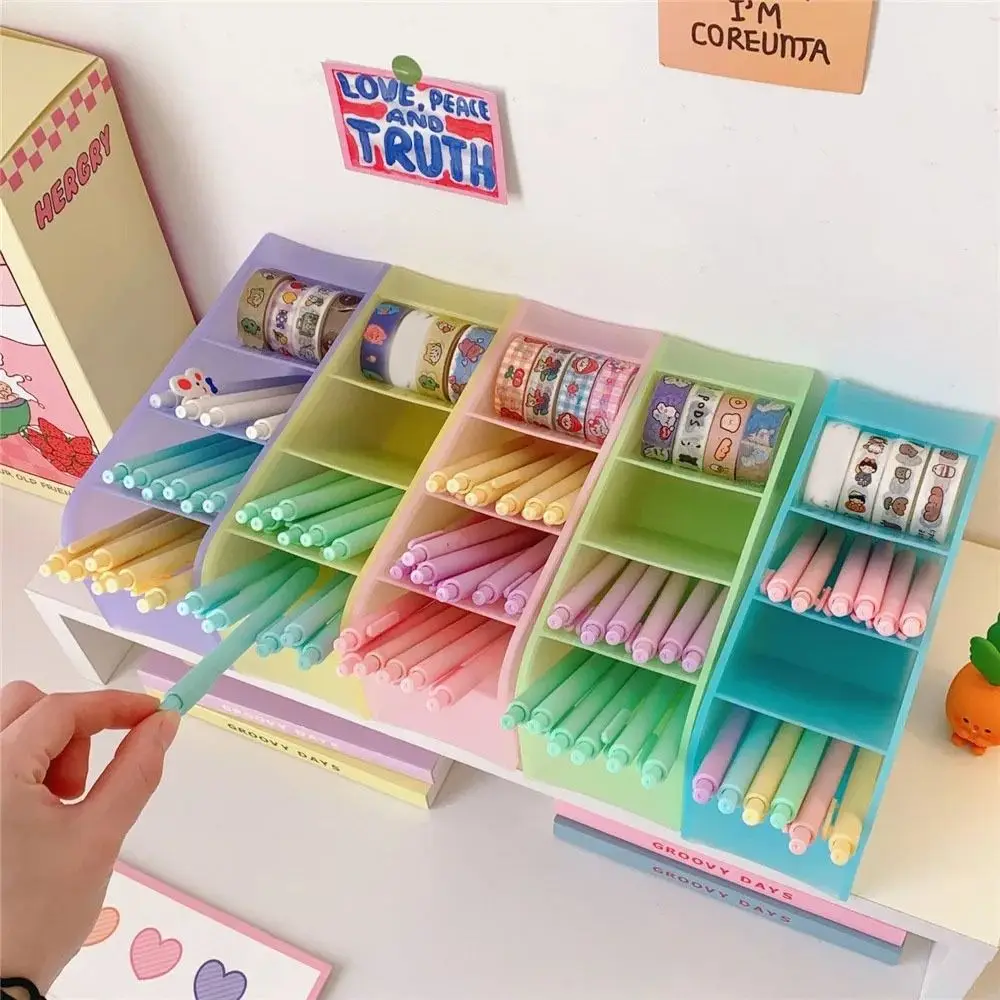 4 Grids Oblique Pen Holder Desk Stationery Storage Large Capacity Pencil Container Macaron Color INS Style Makeup Brush Box