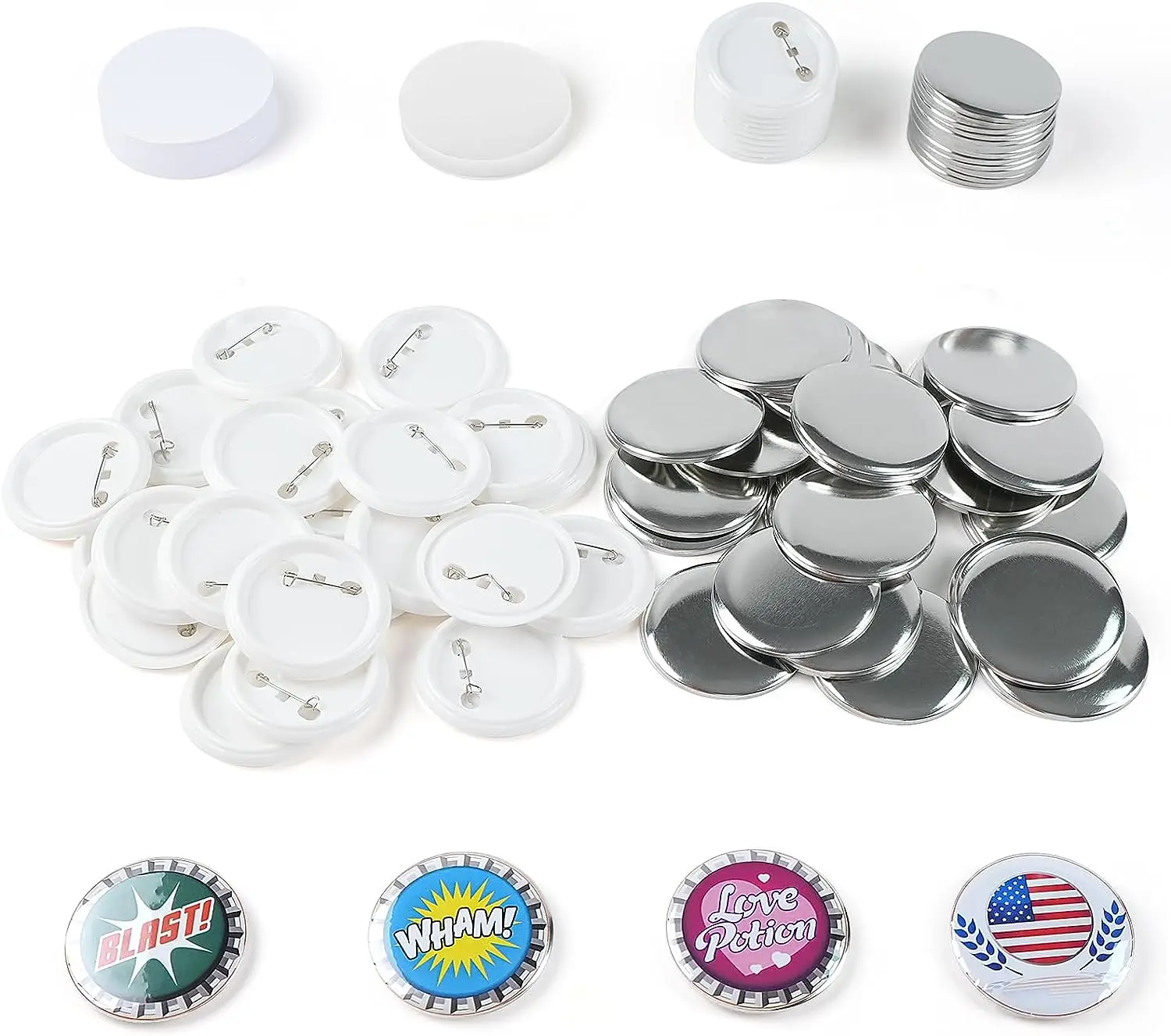 HTVRONT 100 Pcs Plastic Button Pins for Button Maker Machine 58mm Round Badge Making Supplies with Plastic Shell Back Cover