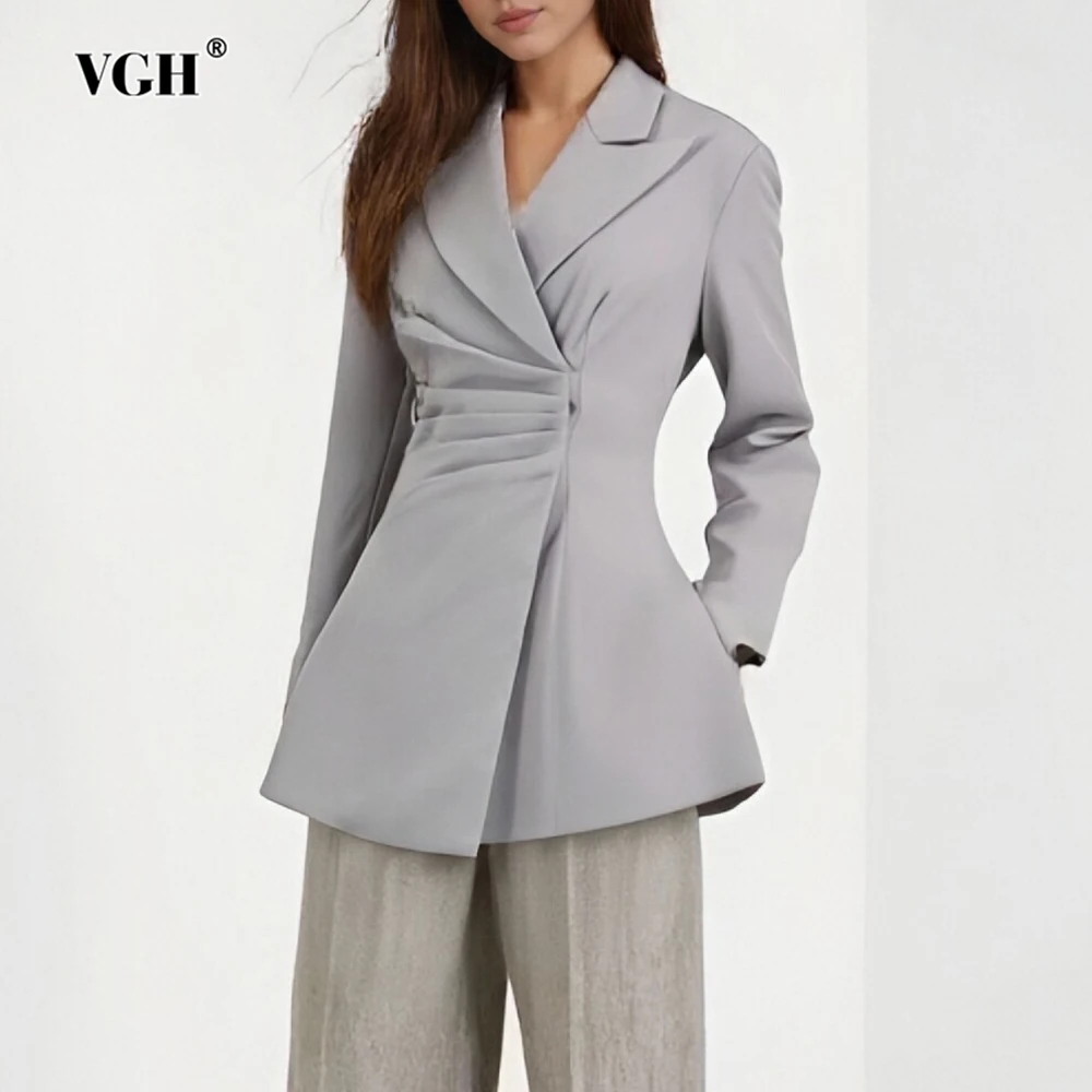 

VGH дизайнерские утягивающие однотонные блейзеры со складками для женщин с лацканами и длинными рукавами, осеннее темпераментное пальто, женский модный стиль, новинка