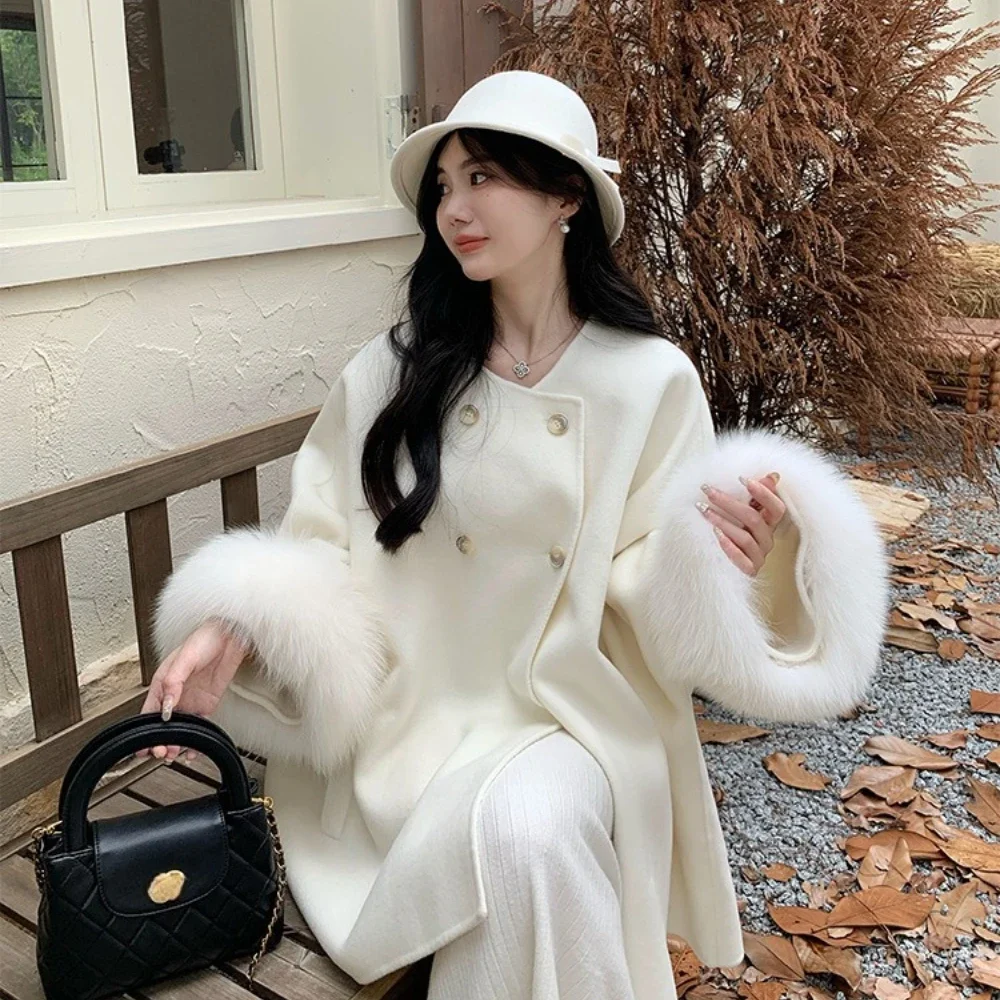 

Real Fox Fur Wool Blend Warm 2025 New Autumn Winter Women Loose Double Faced Cashmere Coat Detachable Fashion Winter Outerwear
