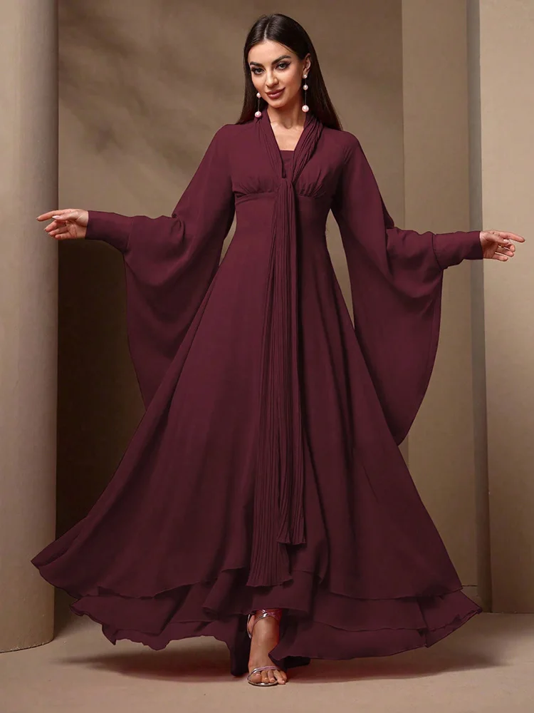 TOLEEN Women Solid Color Bell Sleeve Fit and Flare Chiffon Dress 2024 New Summer Spring Luxury Elegant Formal Party Maxi Dresses