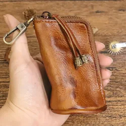 Porta-chaves de couro genuíno feito à mão vintage masculino couro curtido vegetal cadeado cadeado 2022 novo balde personalizado bolsa de moedas pequena tamanho grande chaveiro carteira de carro