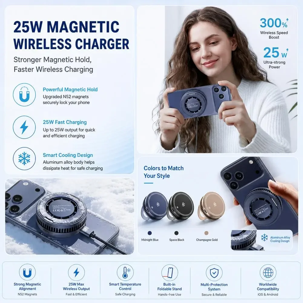 25W Magnetic Wireless Charger Phone Cooler Active Refrigeration Radiator Magnet Fast Charging Stand For iPhone Xiaomi