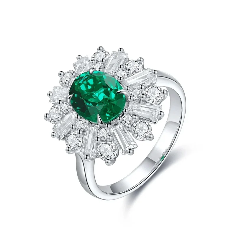 Lab Grown Oval Diamond Ring in Sterling Silver with Genuine Emerald Side Stones for Women Modern Minimalist Wedding Band Design