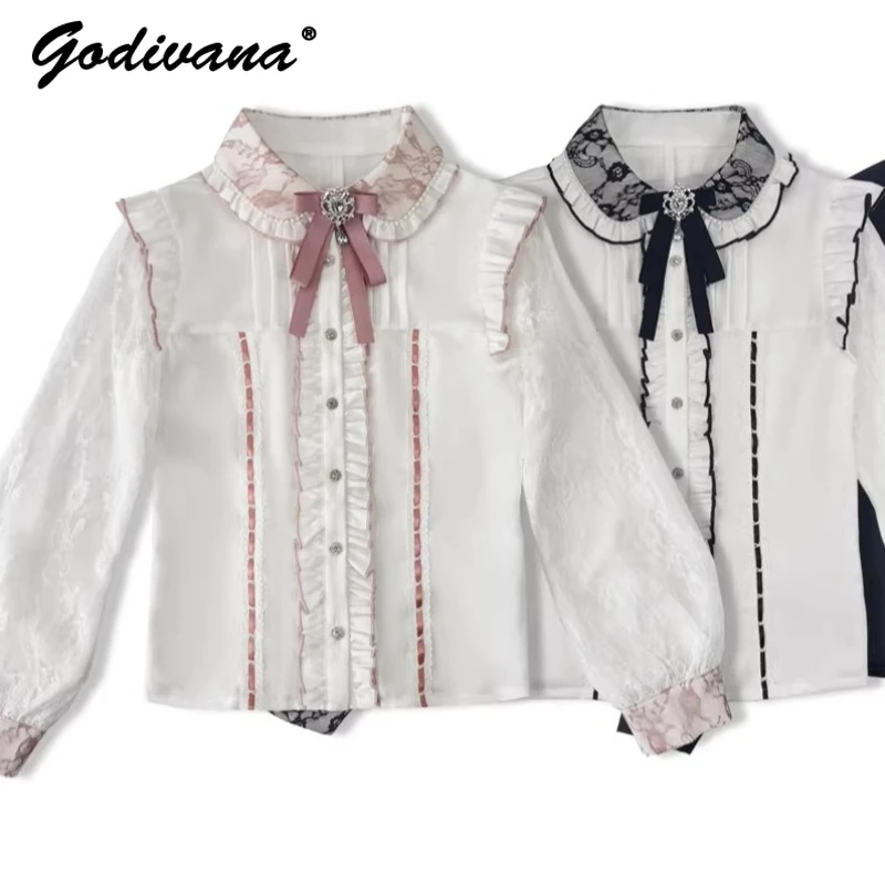 

Japanese Style Sweet Lace Patchwork Cute Blouse New Spring and Autumn Girl Women's Lolita Long Sleeve Shirt Tops