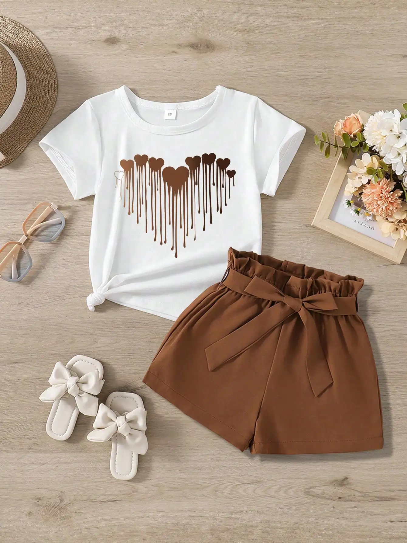 

Heart Print Short Sleeve T Shirt And Shorts Set Soft Breathable Casual Outfit Stylish Summer Clothing For Girls Daily Outdoor Vacation Home Wear Fashion Kids Apparel Collection