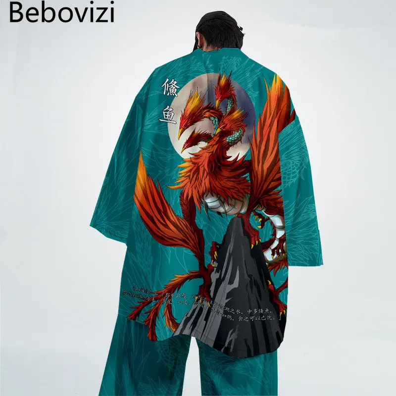 Ponadgabarytowe plażowe japońskie Anime nadruk z ptakiem Kimono 2022 Streetwear mężczyźni kobiety sweter Haori Harajuku szata Plus rozmiar 4XL 5XL