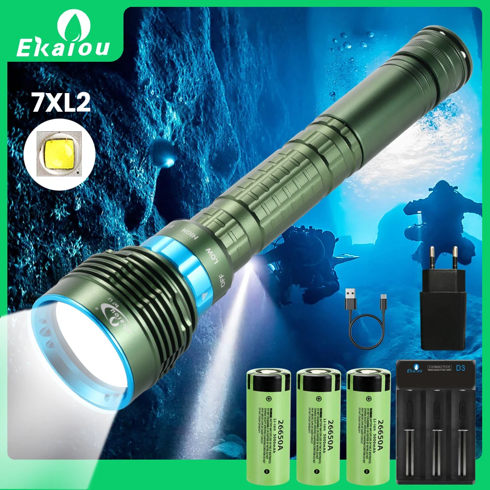 Ekaiou Diving Flashlight 7 LED T6 L2 White Yellow Light Powerful Profession Underwater Waterproof Dive Hunting Fishing Lamp