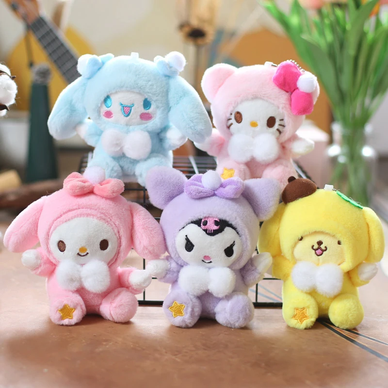 1PCS 12cm Kawaii Hello Kitty Kuromi Melody Pompom Purin Cinnamoroll Plush Doll Toys Pendant Cute Plush Keychain Bag Pendant