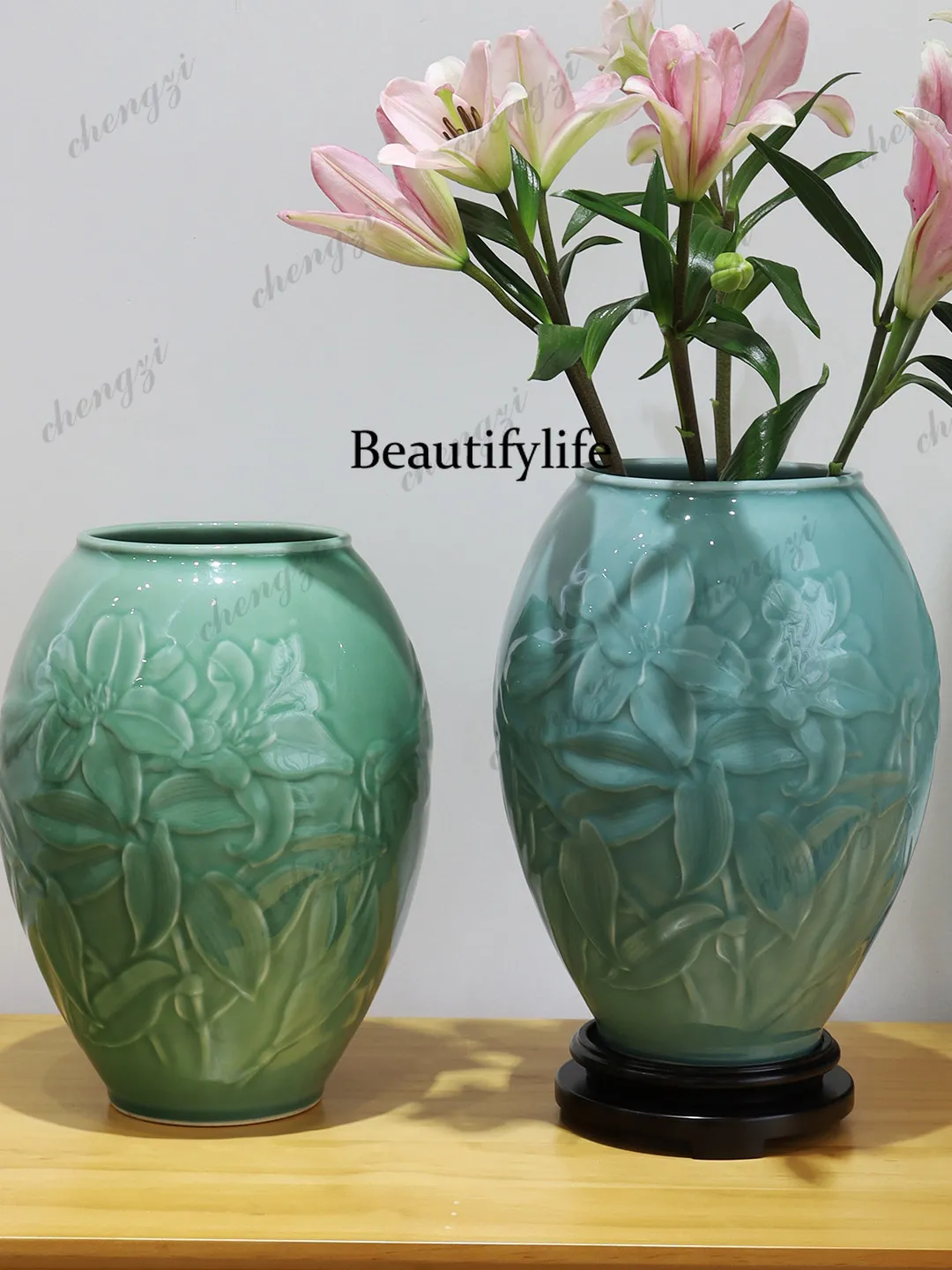 New Chinese relief lily vase home decoration flower ware handmade ceramic vase