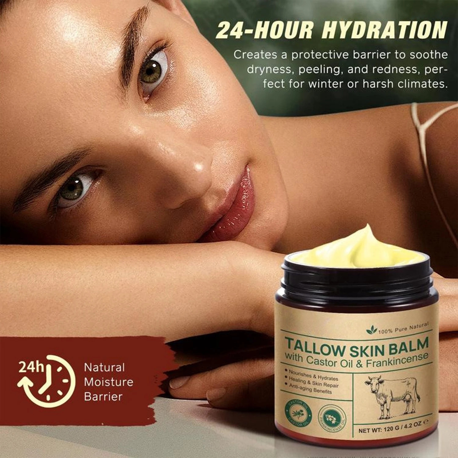 100% Natural Tallow Balm with Castor Oil 120g Deep Nourishing Moisturizer for Face Body Dryness Relief