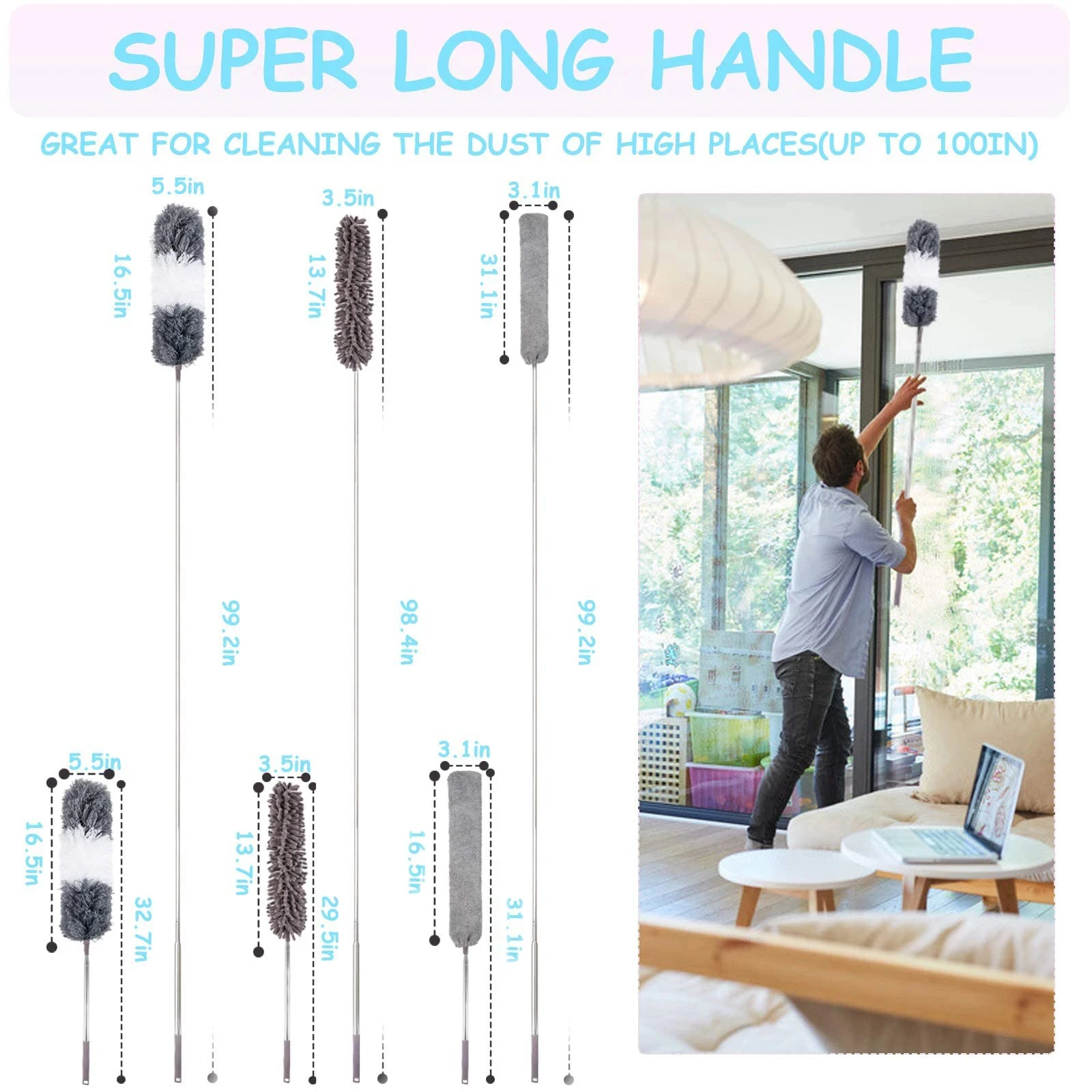 Telescopic Washable Duster Long Extendable 250 cm Multifunctional Microfibre Brush Gap Mop for Spider Web Remover Dust Home Tool