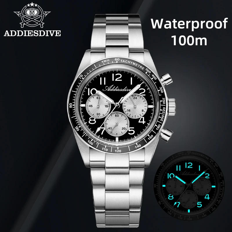 

ADDIESDIVE Men Luxury Chronograph Quartz Watch Stainless Steel Case Ceramic Bezel BGW9 Luminous Bubble Crystal Sports Watch