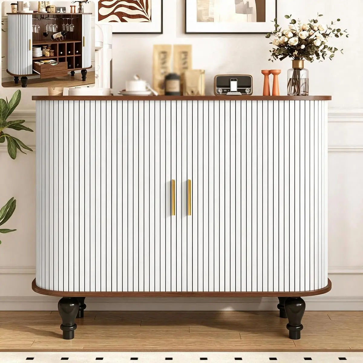 39 Inch Fluted Mid-Century Bar Cabinet, 6 Wine Racks, 3 Glass Holders, Large Drawer & 4 Hidden Storage Compartments, Customized