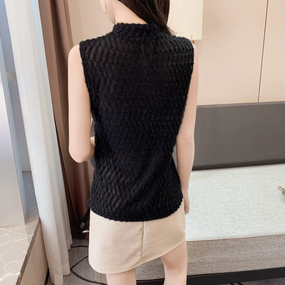 Stylish High Neck Lace Tank Top Slim Fit Sleeveless Twist Front Vest Lace Trim Frill Trim Mesh Camisole Inner Wear