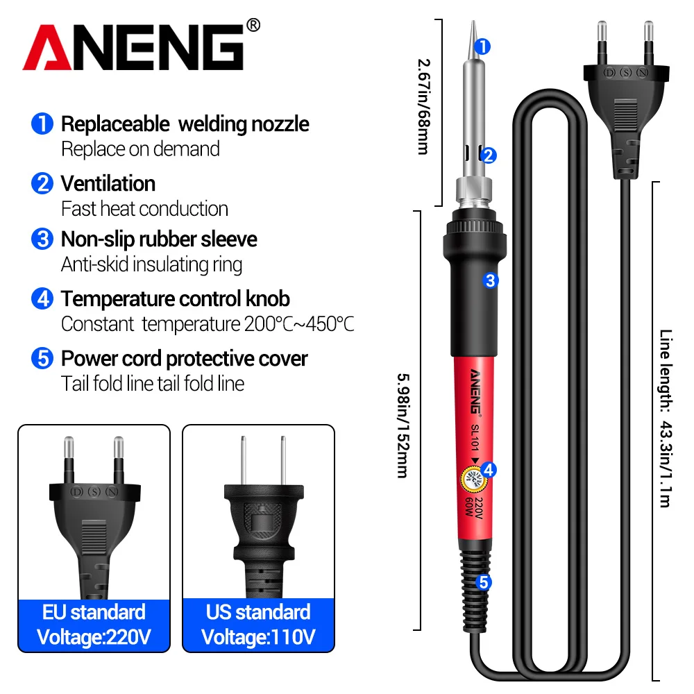 ANENG SL101 60W Electric Soldering Iron Welding Electrician Repair Ceramic Heating Core Adjustment Knob EU/US Plug Portable Kit