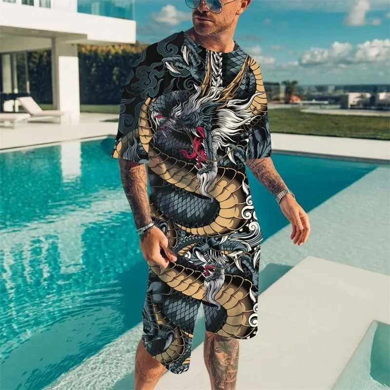 Vintage Dragon Pattern Print 2Pcs Men 3D Sets T-shirt +Short 2pcs Set New Suit Hawaii Fashion Oversized Y2k Casual Two Piece Set