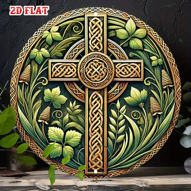 Round Sign with a Detailed 2D Flat Design Measuring 7.8X7.8 Inches, Featuring Green Leaves And a Celtic Cross,