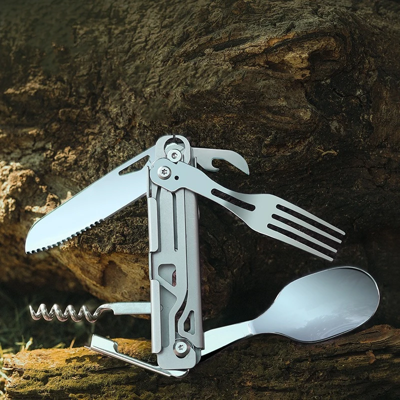 6-in-1 Camping Utensils Set Folding Fork Spoon Knife, Detachable Pocket Cutlery Combo, Multitool Wine Bottle Can Opener, Gift