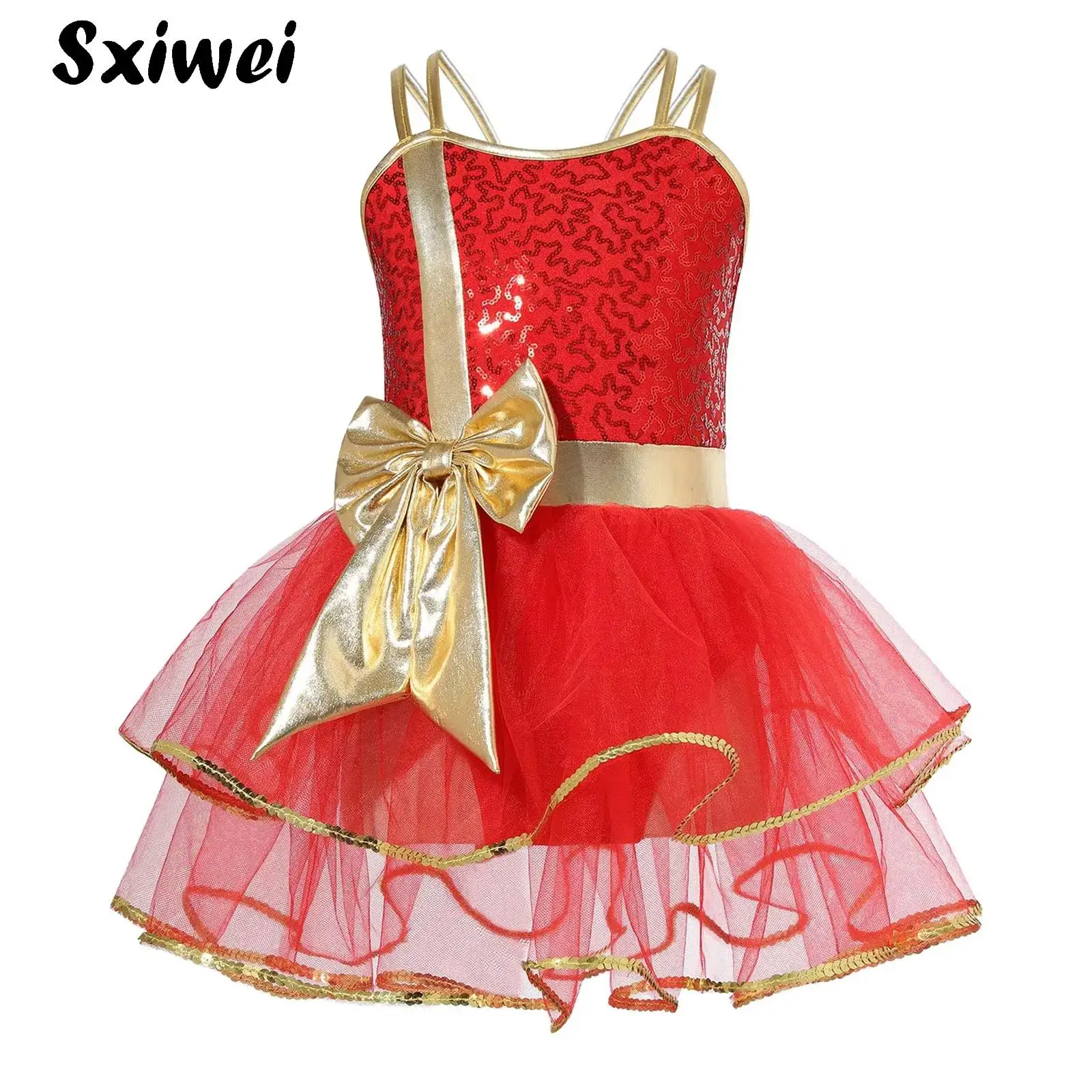 

Red Sequins Girls Miss Santa Claus Dress Sleeveless Christmas Dance Costume for New Year Party Ballet Tutu Skating Leotard Dress