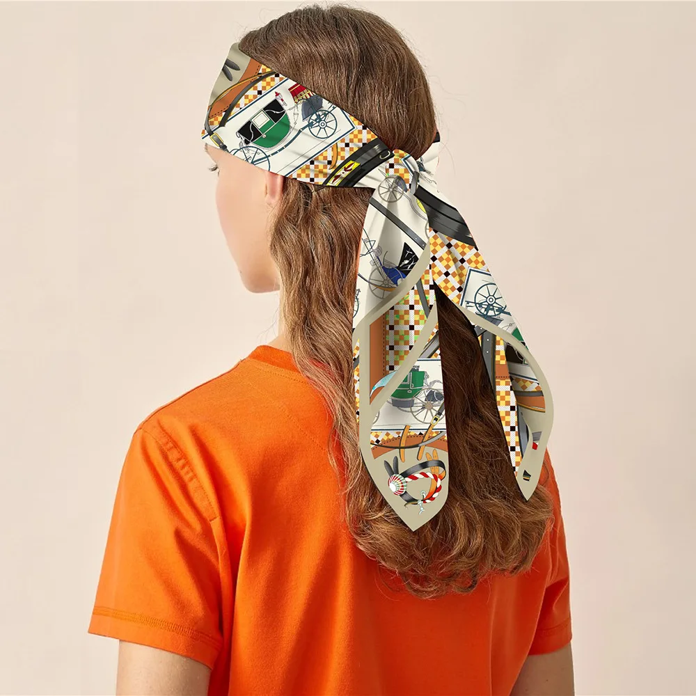 90cm Twill Silk Scarf Shawl Luxury Brand Horse Carriage Print Square Scarves Women Hijabs Bandana Silk Foulards Neckerchief