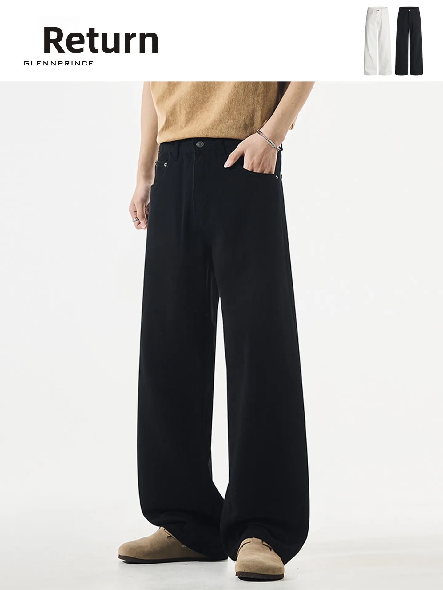 

GPstudio Men's Retro Minimalist Color Straight Leg Jeans Loose Wide Leg Casual Drapey Pants mid Waist Cotton Denim