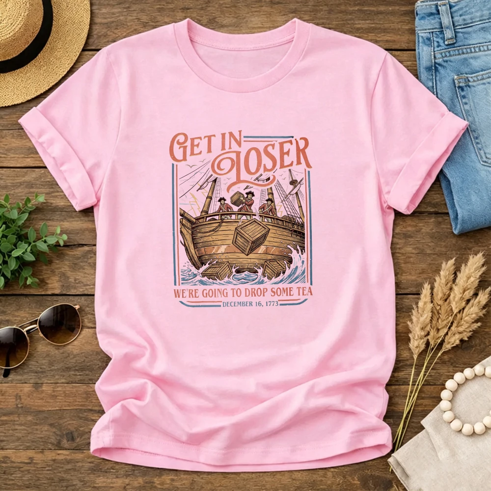 Historical Ship Drop Tea 1773 Vintage Print T Shirt Women Pink Crew Neck Short Sleeve Tee Top Retro Maritime Nautical Top