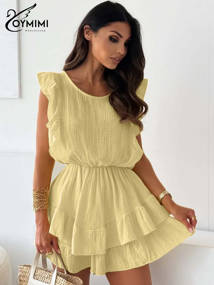 

Oymimi Casual Yellow Cotton Dresses For Woman Fashion O-Neck Sleeveless Ruffled Dresses Elegant High Waisted Pleated Mini Dress
