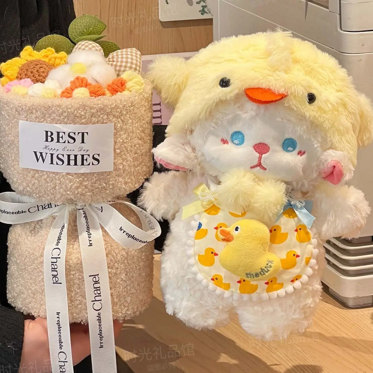 Schattige kleine melkwollen knuffelpop, gele eendensetpop, rustgevend lam, slaappop, verjaardagscadeau*/+