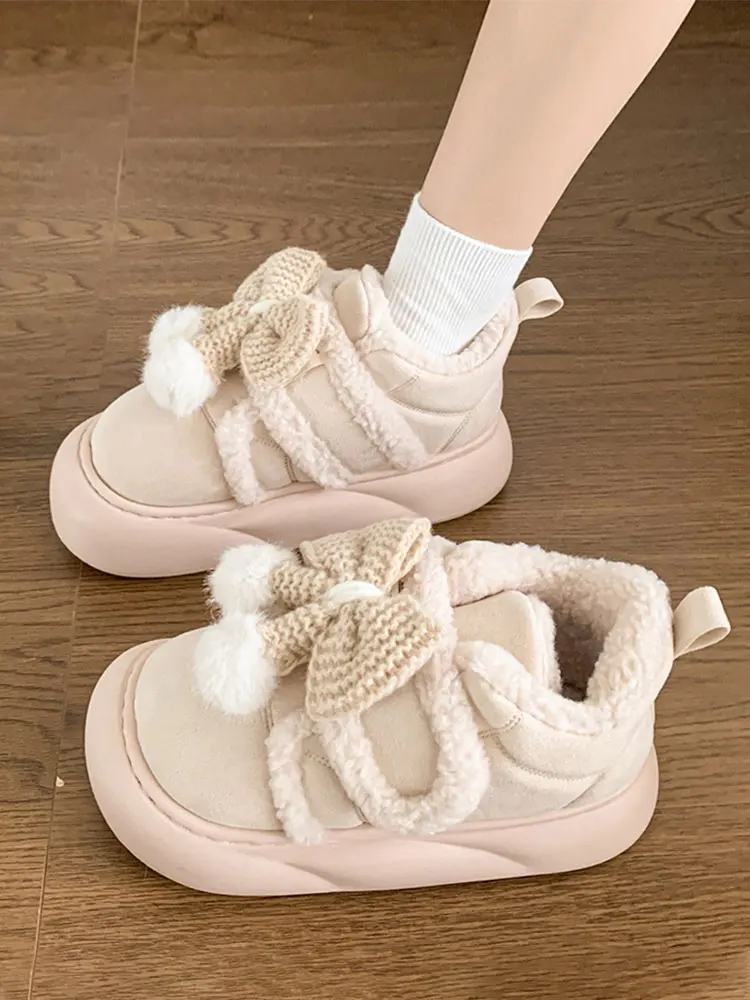 Cute Cotton Slippers with Fleece  Bread Shoe Thick Bottom Winter Boots Warm  Knot Design Korean Sle Women Shoes