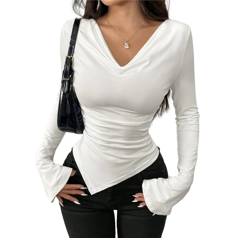 Women's T-Shirt Summer Trendy V Neck Off Shoulder Long Sleeve Slim Fit Ruched Pleated Irregular Hem Convertible