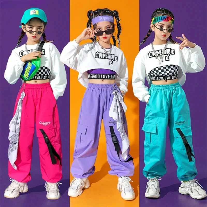 

Hip Hop Girls Colorful Cargo Pants Crop Top Child Streetwear Cheerleader Solid Joggers Kids Jazz Street Dance Stage Clothes Sets