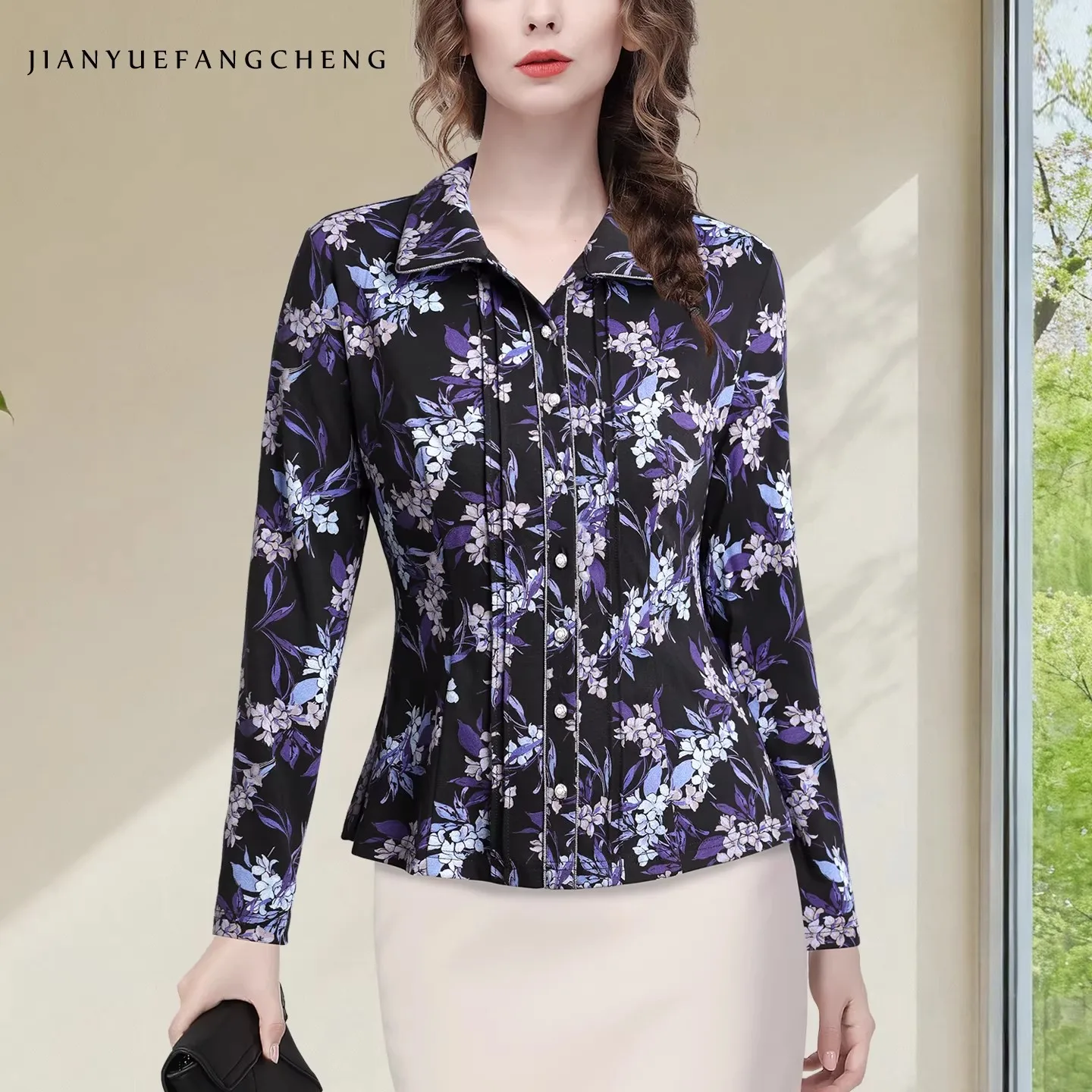 

Женская блузка с цветочным принтом, эластичная, с длинным рукавом, приталенная, стильная, в стиле ретро, повседневная, для офиса, весна 2026