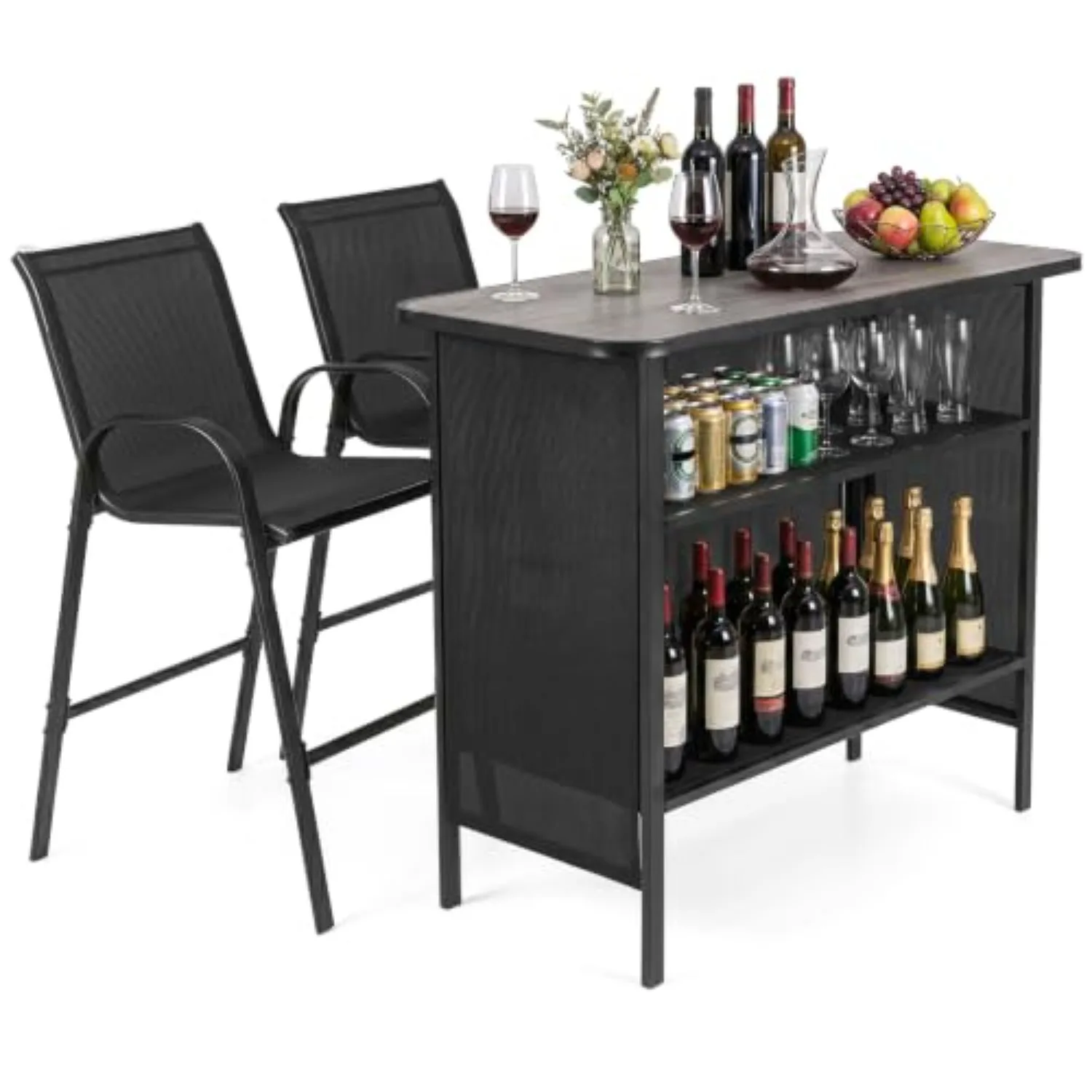 3 Piece Outdoor Bar Set w/Stools | Patio Bar Height Table w/ 2-Tier Storage Shelf | Comfy Design | Heavy Duty Metal